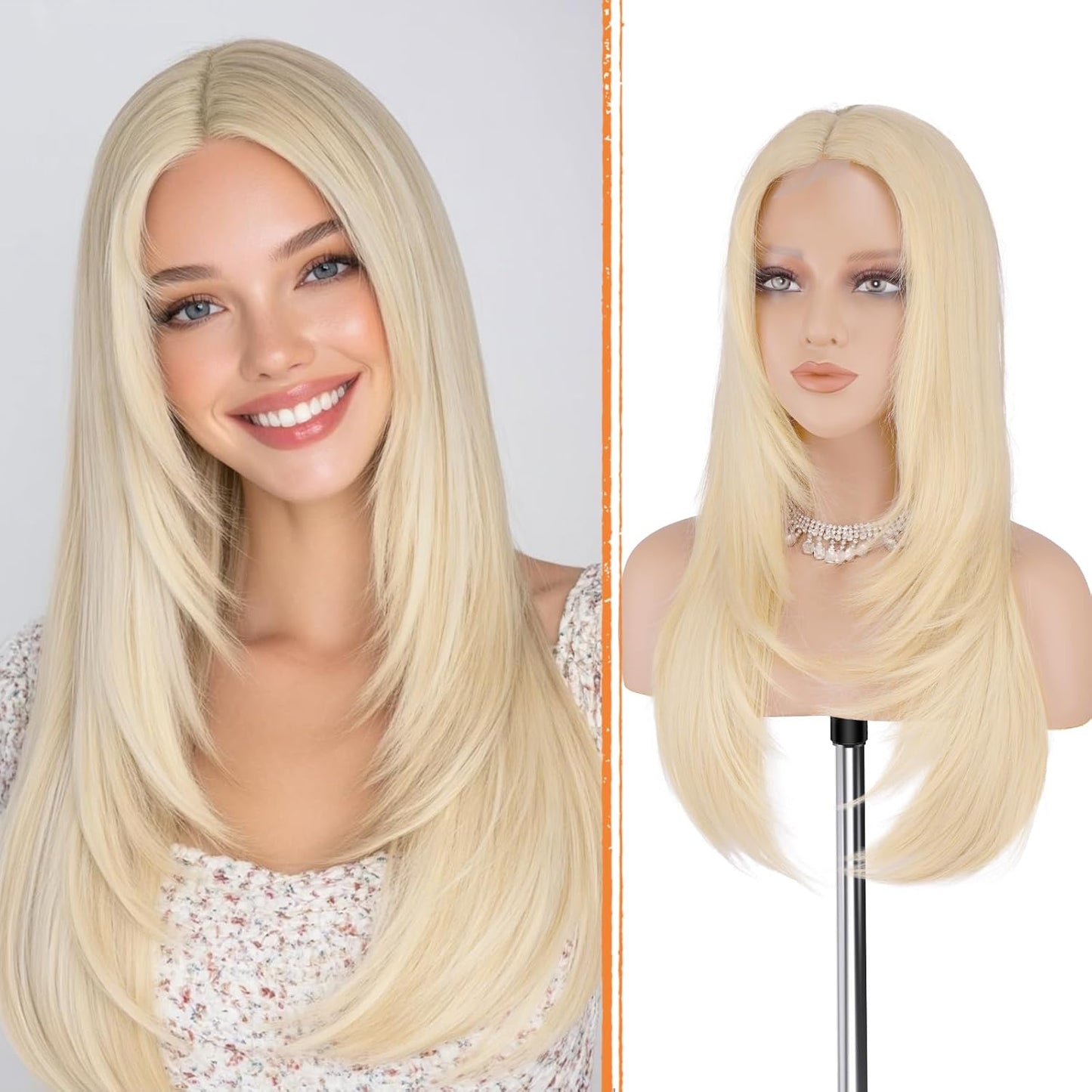 Blonde Wig with Curtain Bangs - Lace Front Synthetic Hair, 24 Inch Dirty Blonde | Natural Looking, Long Layered Style