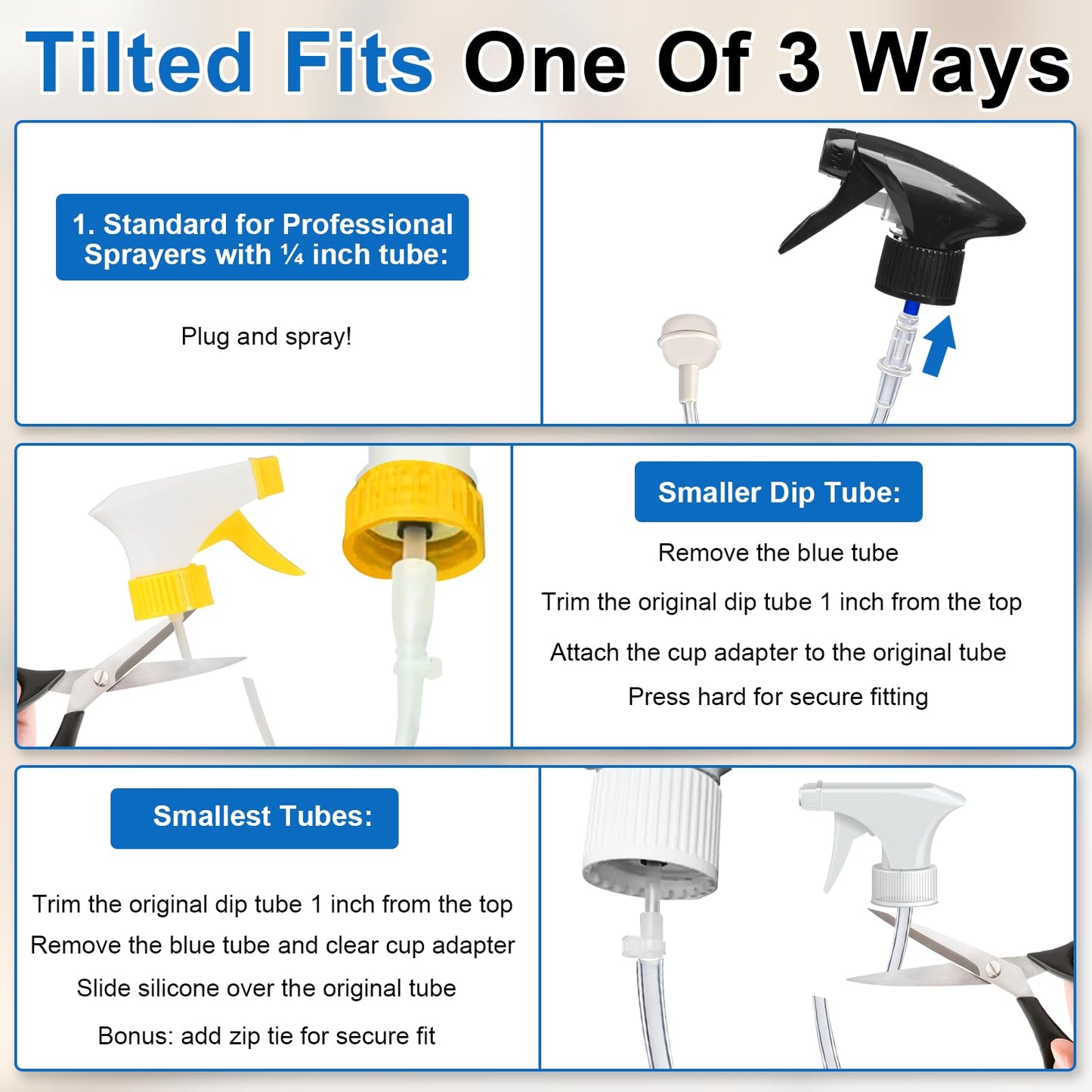 360 Tilted Spray Bottle Adapter with Weighted Tube, Upside Down Multi-Angle Sprayer Attachment, Universal Fit Flexible Dip Tube Replacement for Standard Cleaning Bottles(3-Pack)