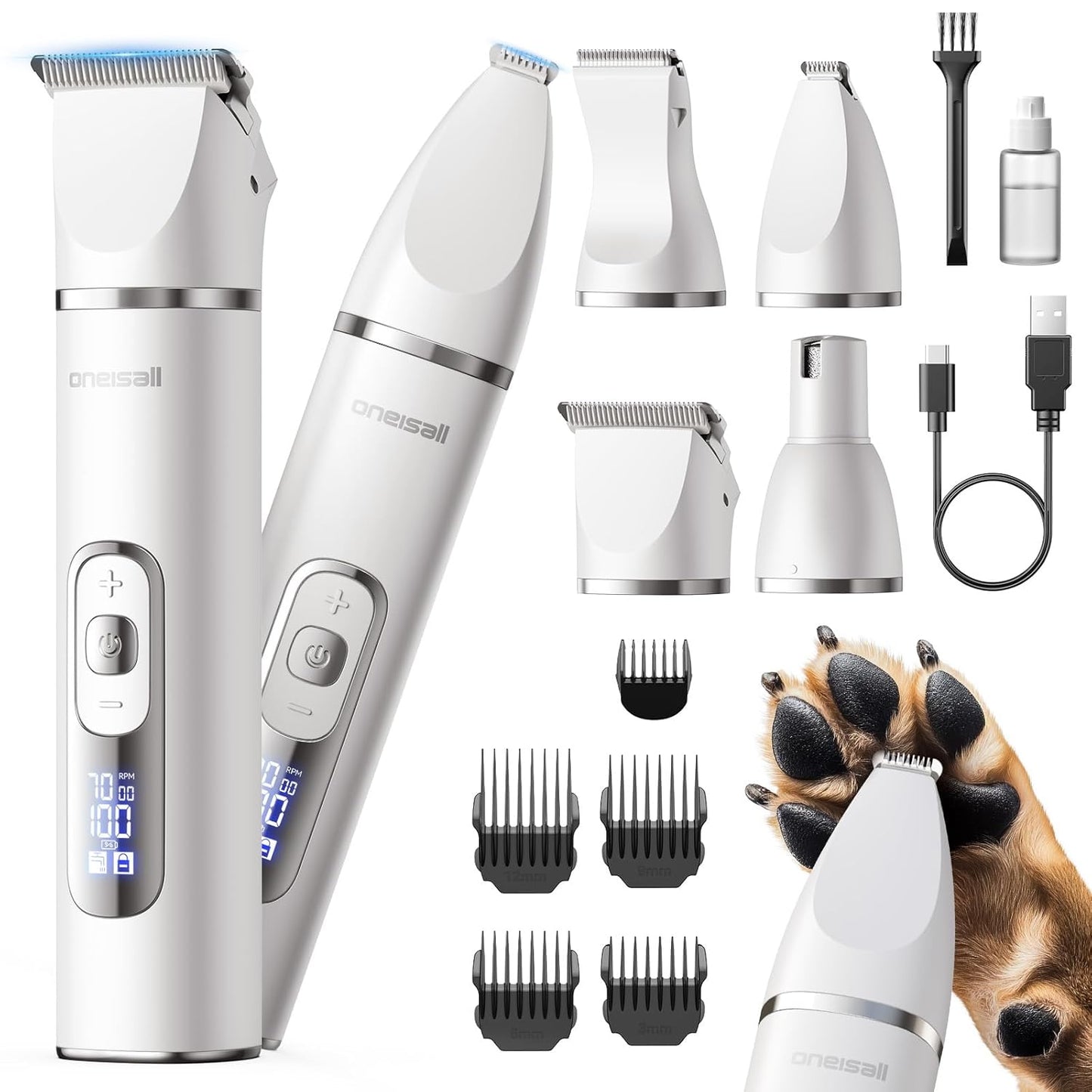 4-In-1 Dog Grooming Kit - LCD Display, Rechargeable Cordless Clippers | Low Noise, Waterproof, Nail Grinder
