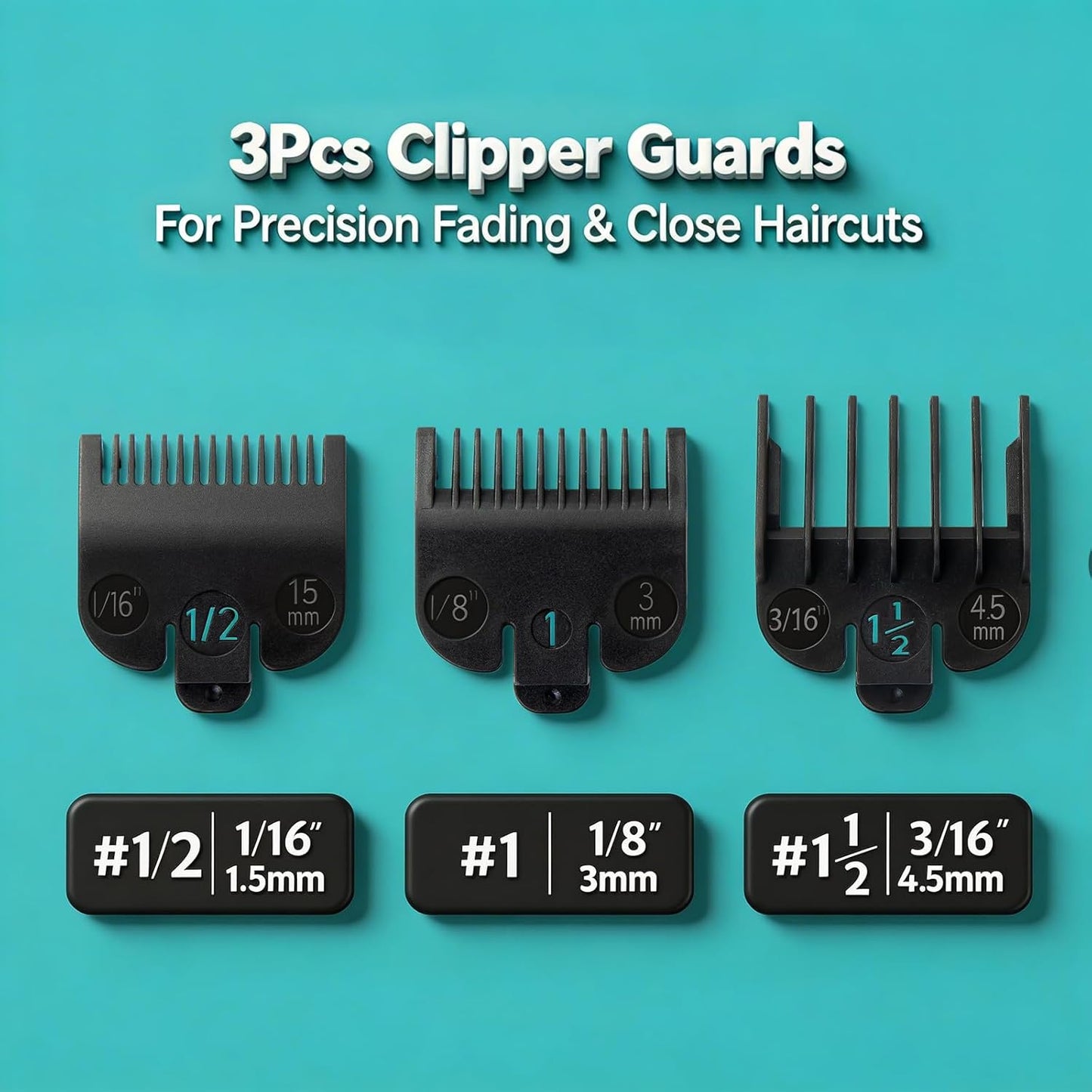 Clipper Guards Set - Compatible with Wahl Clippers | Replacement Guides 1/16" to 3/16" - 3 Piece Black Set