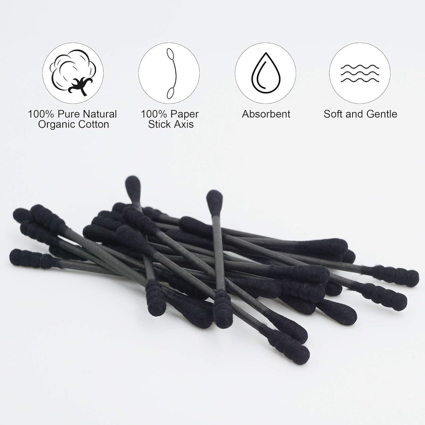 Black Cotton Swabs - 200 Count Organic Spiral Cotton Buds | Soft, Lint-Free Charcoal Tips
