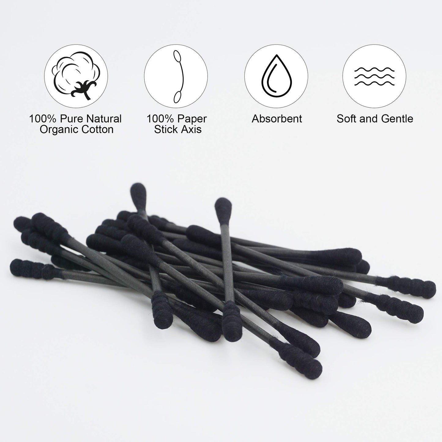 HOMEFOX Black Cotton Swabs Spiral - 600 Count Organic Cotton Buds Double Side Tightly Wrapped Charcoal Cotton Tips Paper Stick Soft Gentle Lint-Free Cruelty-Free Goth Bathroom, Round & Spiral (Black)