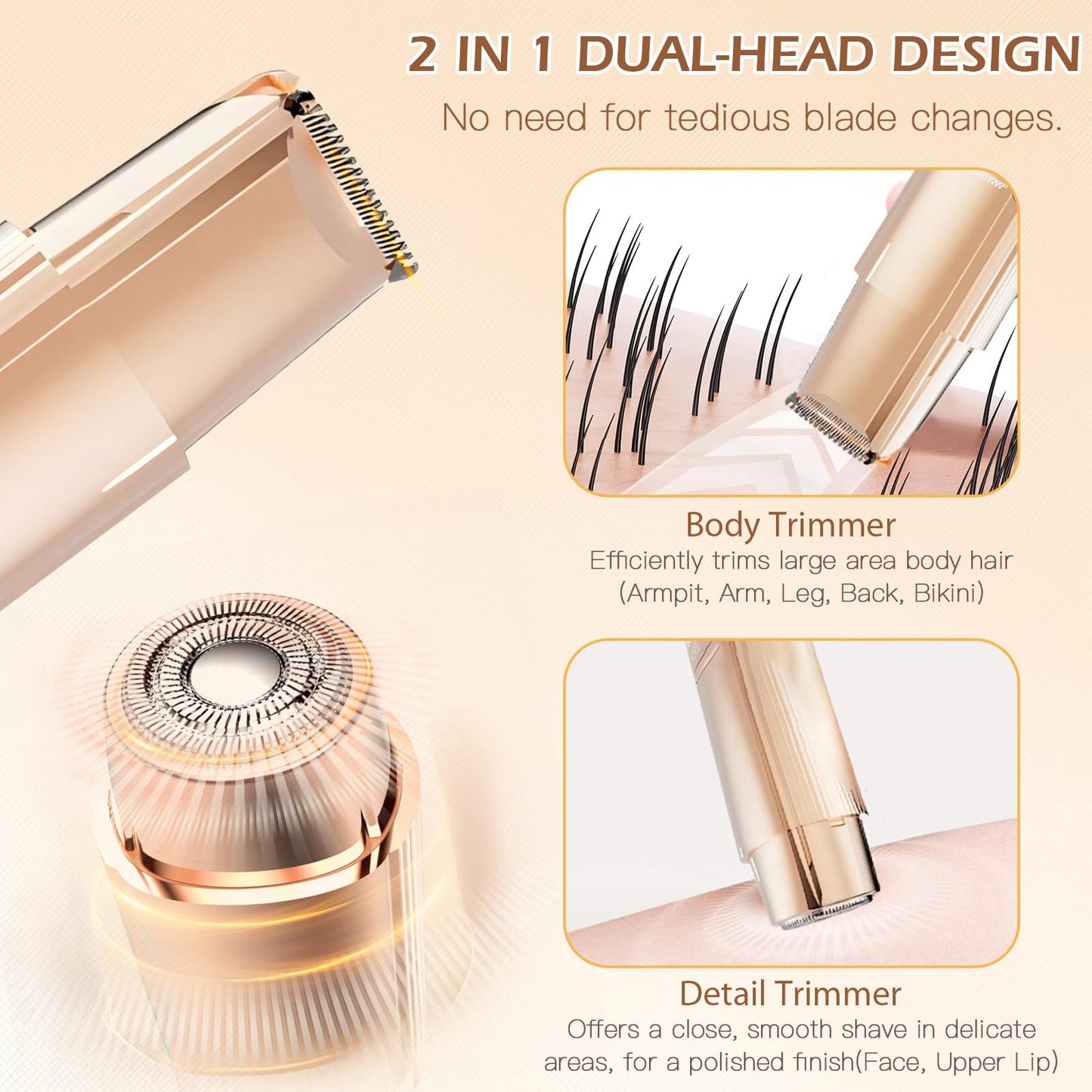 Bikini Trimmer for Women, 2 in 1 Dual-Head Electric Razors for Women Pubic Hair, Waterproof Wet/Dry Use Body Hair Trimmer Face Shaver, Rechargeable Hair Removal for Bikini Legs Face Underarm Arm