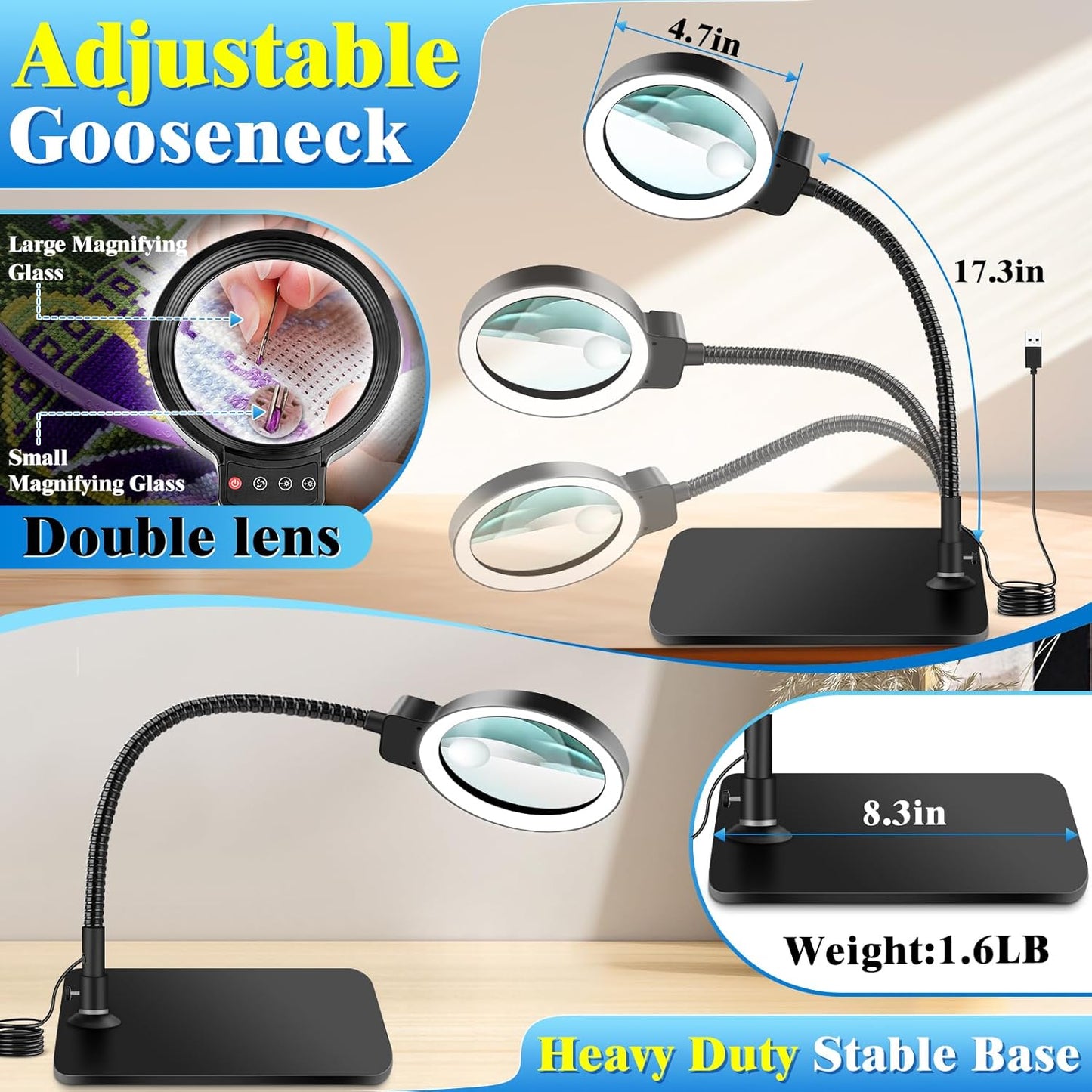 30X 10X Magnifying Glass with Light - 72 LED, Dimmable, Hands-Free Desk Lamp for Crafts | Square Design