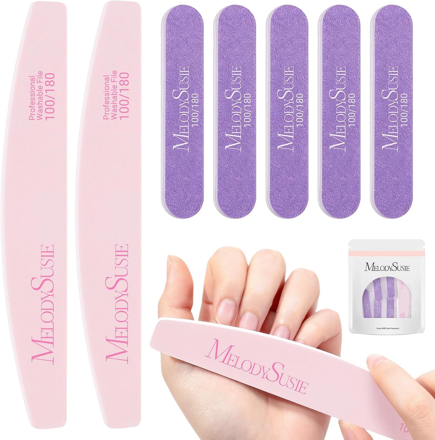 Professional Nail Files - 4Pcs Double-Sided Emery Boards for Acrylic, Gel & Natural Nails | Pink & Purple