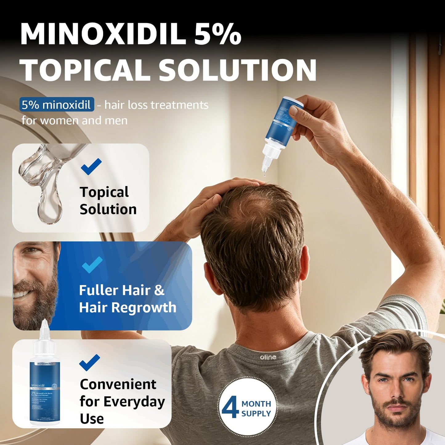 5% Minoxidil with Biotin for Men and Women, Hair & Beard Growth Serum, Topical Minoxidil Solution for Thinning Hair Loss，Extra Strength, 2 Pack