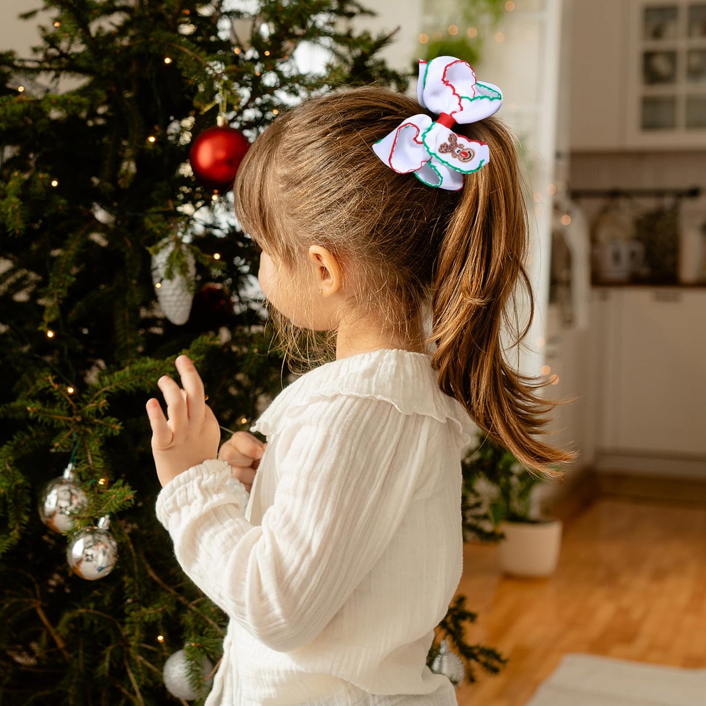 Christmas Embroidered Hair Bow Clips for Girls Women 2-pack 4” Handmade Cute Elk Ribbon Alligator Clip for Teens Toddler Kid Xmas Holiday Party Dress Decoration Accessory Gift