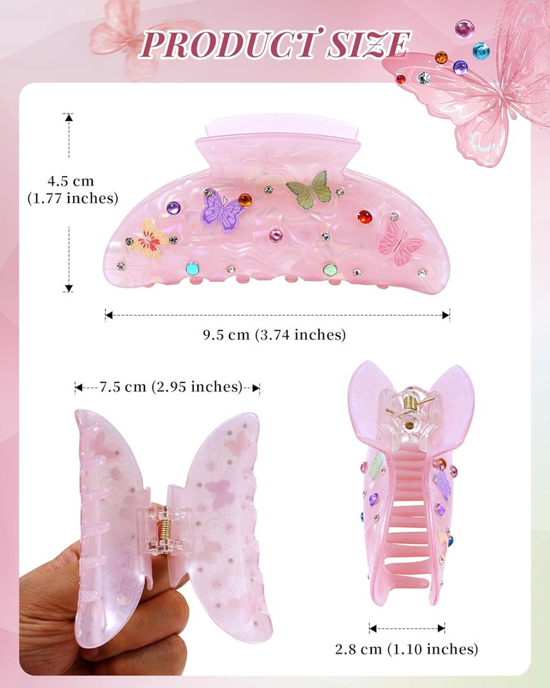 Bow Printed Hair Claw Clips - Non-Slip Medium Grip Clips with Colored Zircon | 3.74” Acrylic Jaw Clips (Pink, Gray, Skin Color)