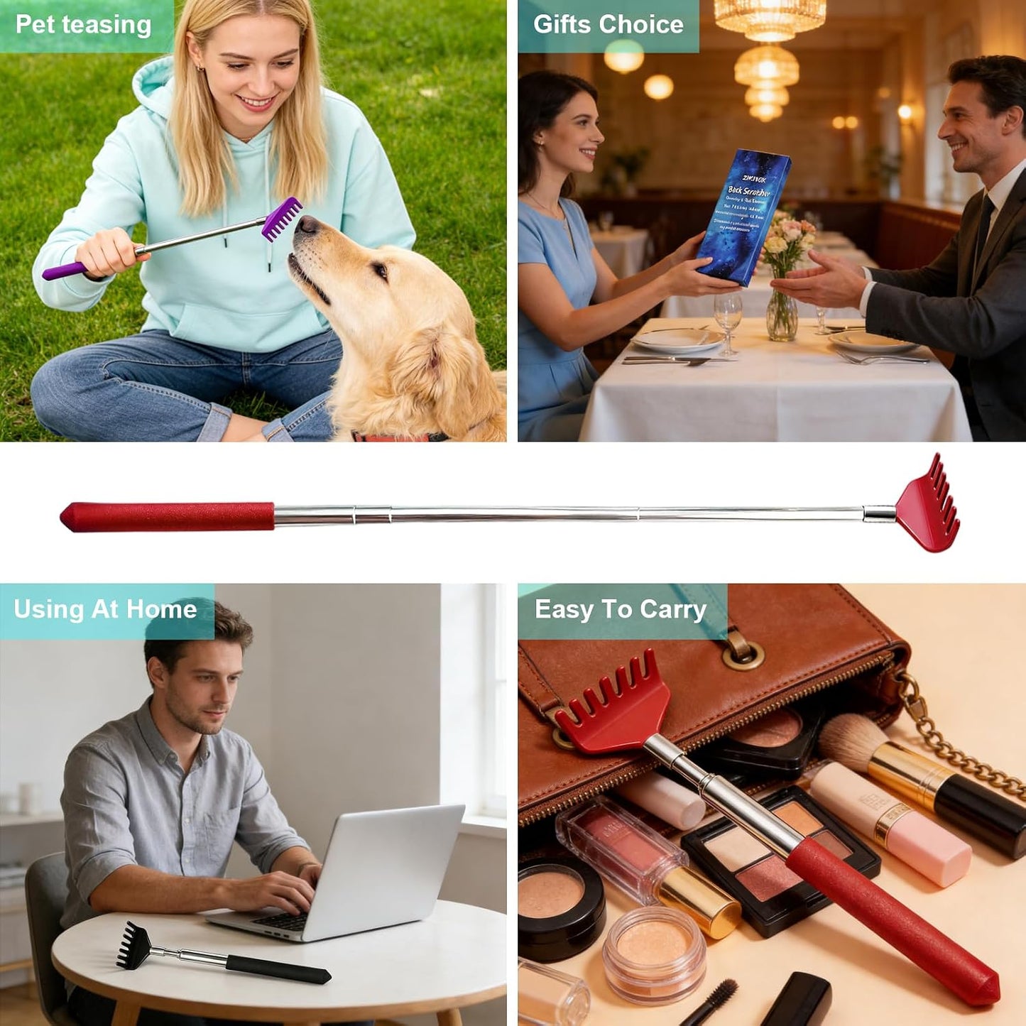 Back Scratchers Set - 6 Pack Extendable Rubber Handle & Stainless Steel Heads | Perfect Gift for Thanksgiving & Christmas