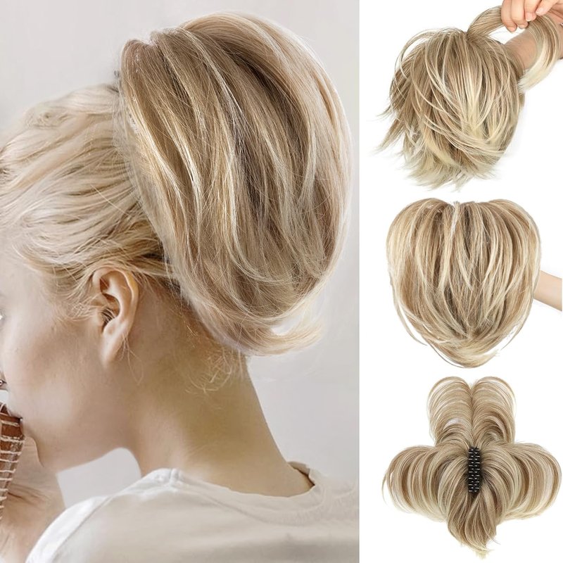 Messy Bun Hair Piece - Claw Clip Short Straight Ponytail Extension | Bendable Synthetic Hair - Deep Blonde with Highlights, 8 Inch