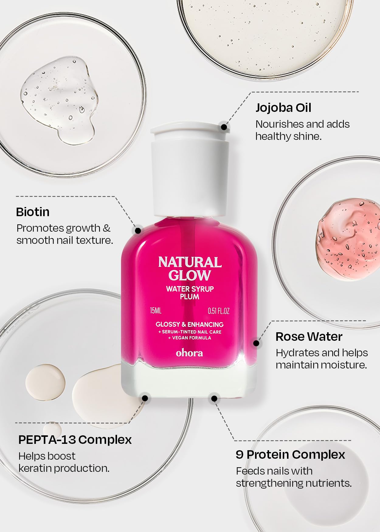 ohora Natural Glow Water Syrup Nail Strengthener (Plum) - Tinted Nail Hardener for Brittle, Damaged Nails, Quick-Dry Glossy Finish, Nail Repair & Growth, 15 mL