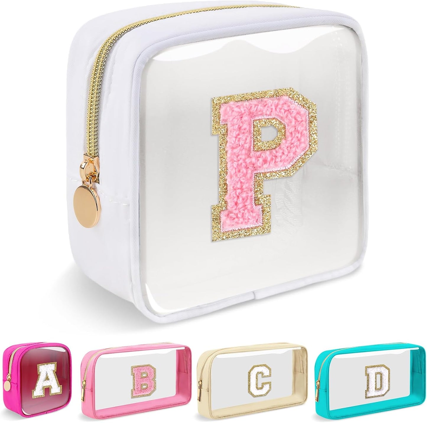Personalized Initial Makeup Bag - Waterproof Nylon Cosmetic Pouch | A-Z Chenille Letter Patch, White-Pink G