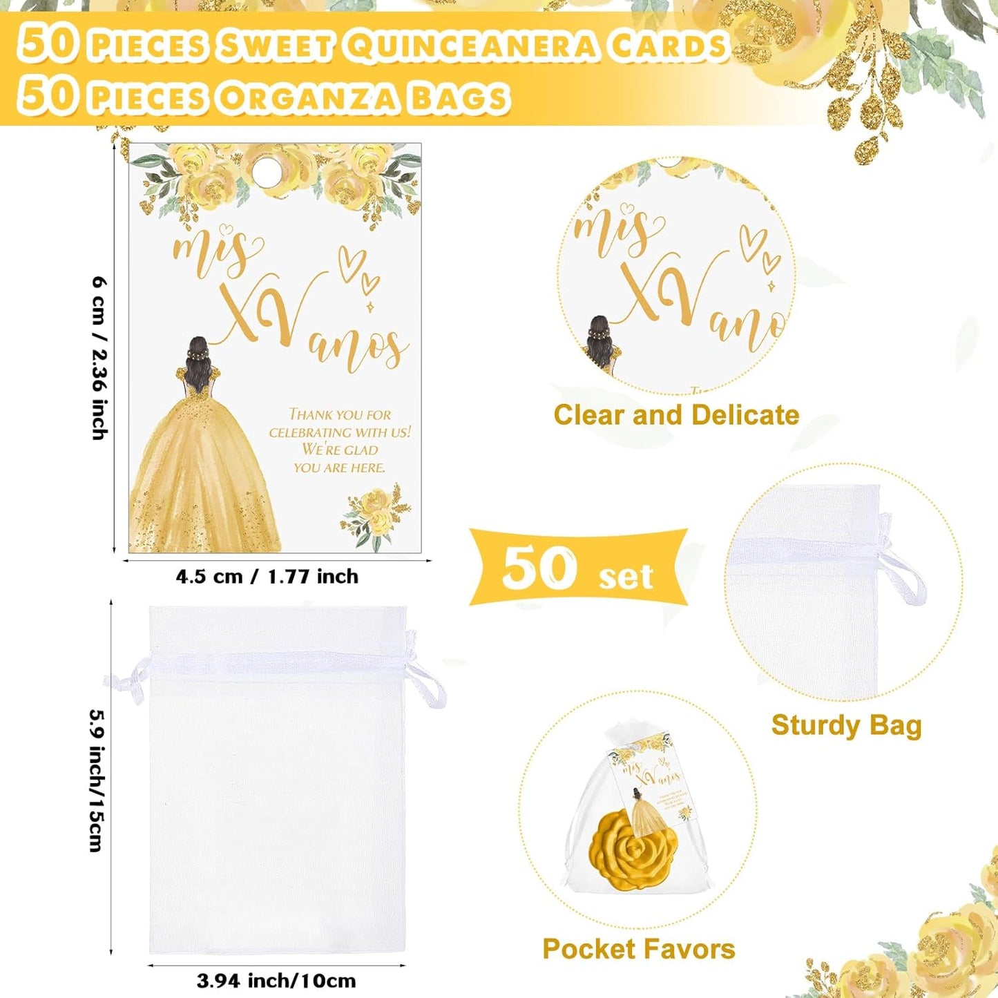 Quinceanera Party Favors - 50 Sets Rose Design Compact Pocket Mirrors & Thank You Cards | Gold Organza Bags