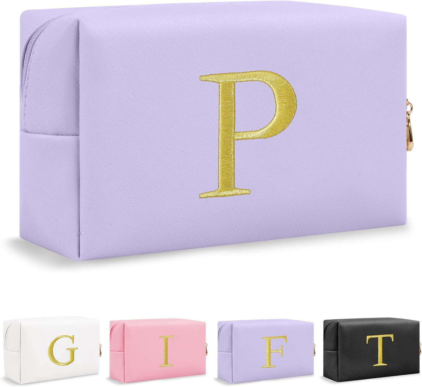 Personalized Initial Makeup Bag - Gold Embroidered Cosmetic Bag for Teens | Custom Travel Toiletry Bag (Black)