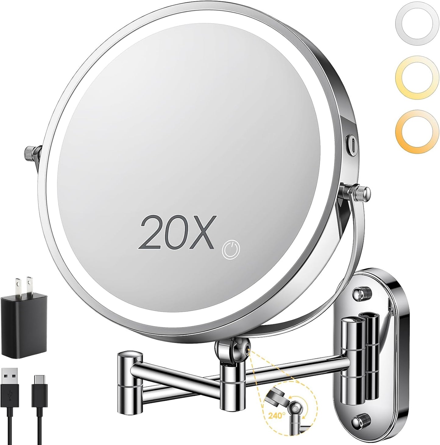 Wall Mounted Lighted Makeup Mirror - 9-Inch Rechargeable Double-Sided 1X/20X Magnification | Touch Dimmable, 360° Rotation, 3 Color Lights
