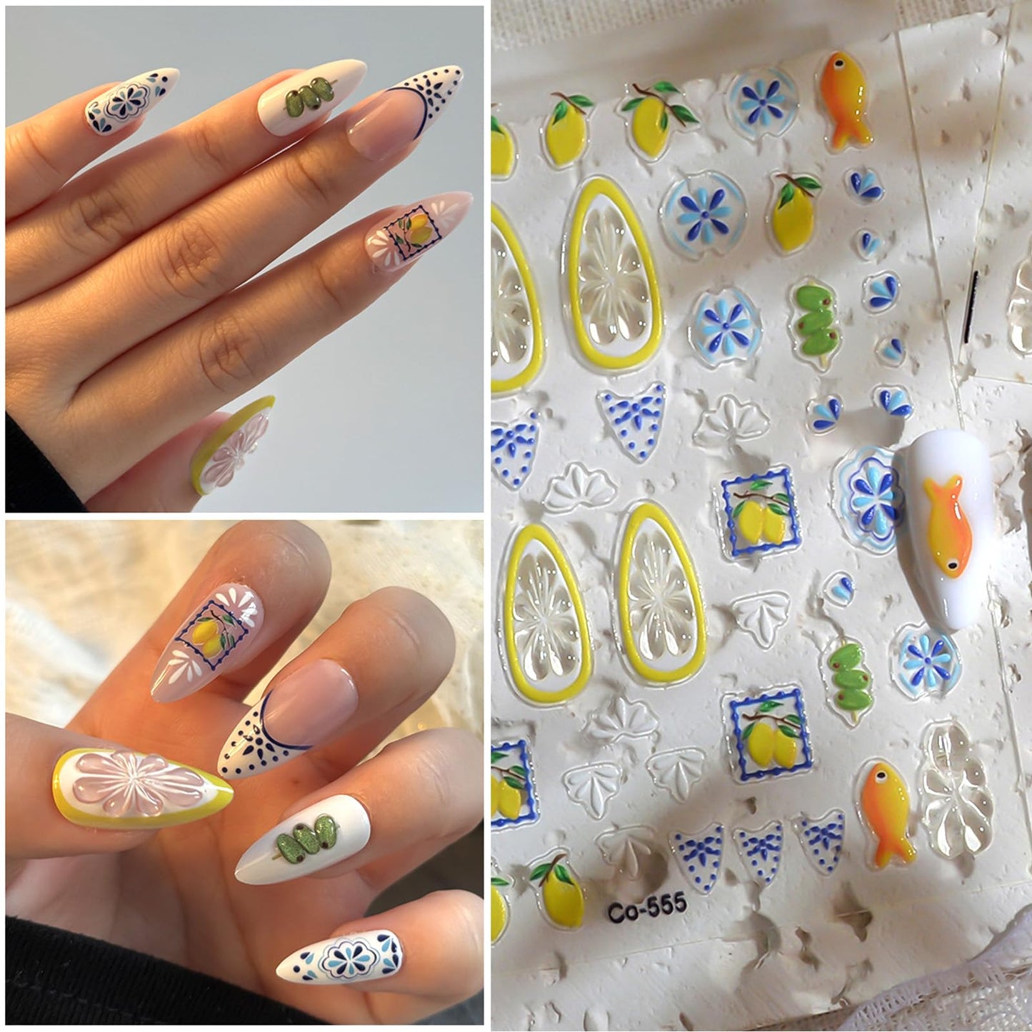 Bohemian Nail Art Stickers 5D Embossed Lemon Fruit Small Fish DIY Nail Design Stickers 2Pcs Self Adhesive Boho Style Blue Floral Nail Decals for Women Summer Vacation Manicure Decoration