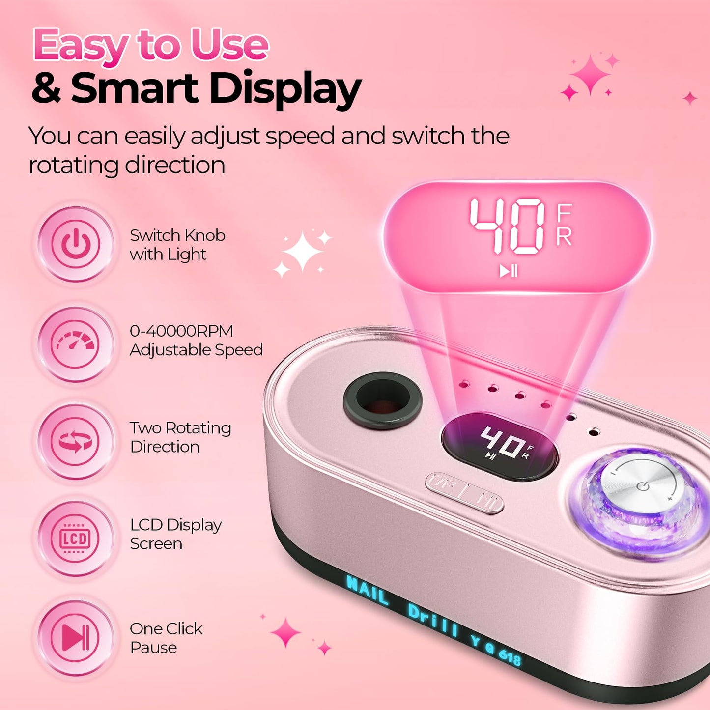 GOLEEXU Nail Drill Electric File: 40000RPM Professional E File Kit E File Machine Filer for Shaping, Buffing, Removing Acrylic Gel Nails, Manicure Pedicure Kit with 12Pcs Nail Bits, Home Salon Use