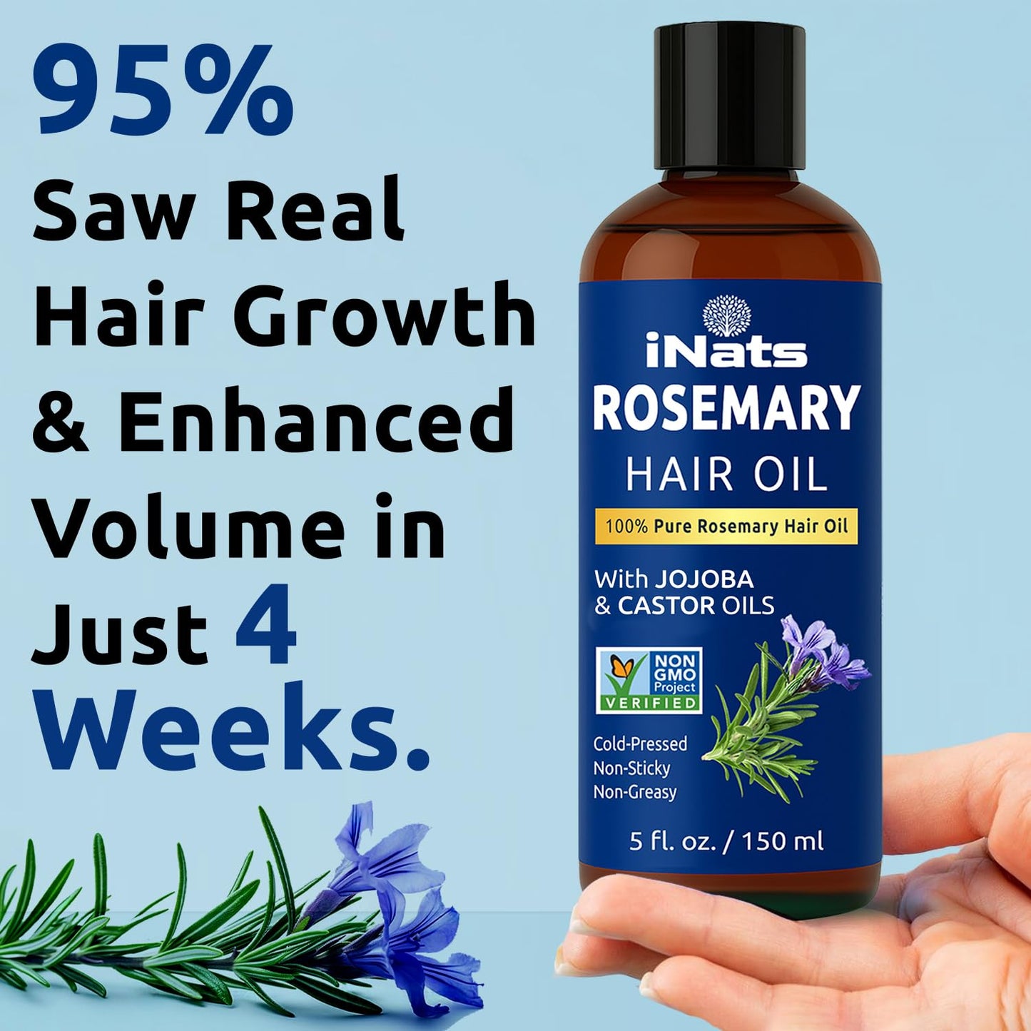 iNats 100% Pure Rosemary Oil for Hair Growth (5 fl oz) - Cold Pressed & Natural Infused w/Biotin, Jojoba & Castor Oils - Hair Oil Repairs Dry Damaged Hair, Strengthening, Healthier, Nourishing Hair