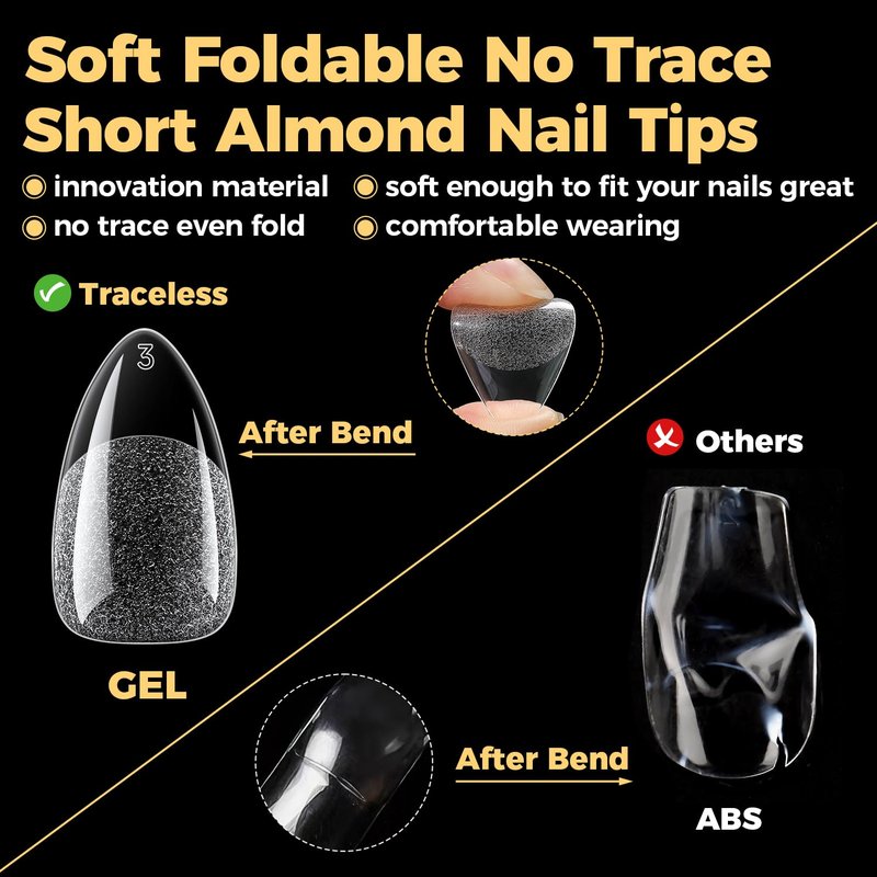 UNA GELLA Short Almond Gel Nail Tips, 600 Pcs Pre-Filed Short Nail Tips Almond Shape Half Matte Press On Nails 12 Sizes Full Cover Clear Fake Nails for Extension Home DIY Salon with Box