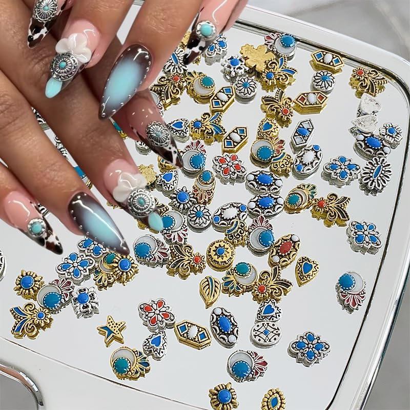 20Pcs Western Nail Charms Retro Metal Turquoise Art Rhinestones 3D