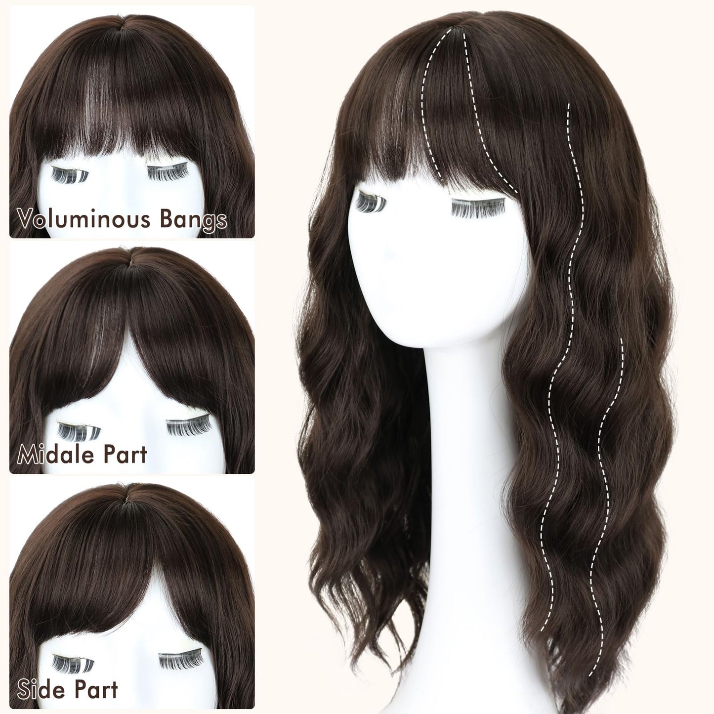 NOVFLKW Brown Medium Long Wavy Wigs for Women 20inch Dark Brown Wig with Bangs-Shoulder Length Wavy Curly Synthetic Heat Resistant Fiber Full Hair For Daily Use