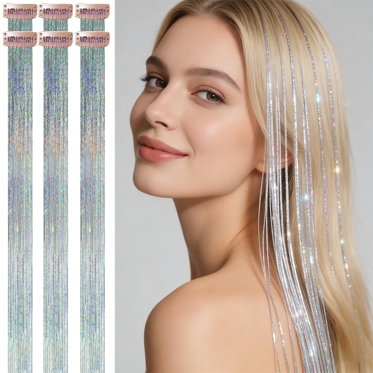 Celinebella Silver Clip in Hair Tinsel 6Pcs,24 Inch 80 Strands per PC,Heat Resistant Sparkle Hair Extensions Easy to Use for Women Teens Daily Party Prom Accessories Christmas New Year Festival Gift