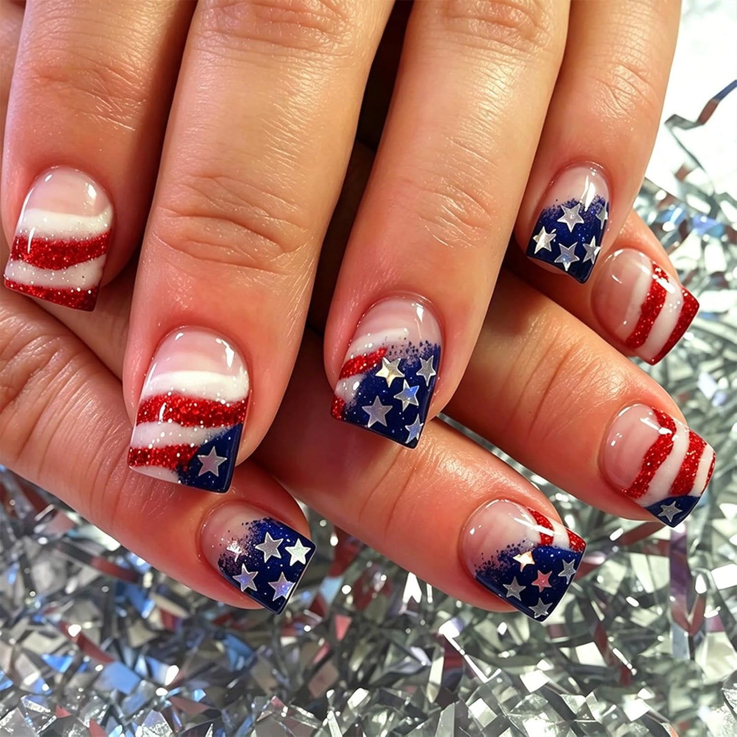 Short Square Press-On Nails - 24 Pcs French Tip with 3D Flower & Star Rhinestones | Full Cover Acrylic, Reusable