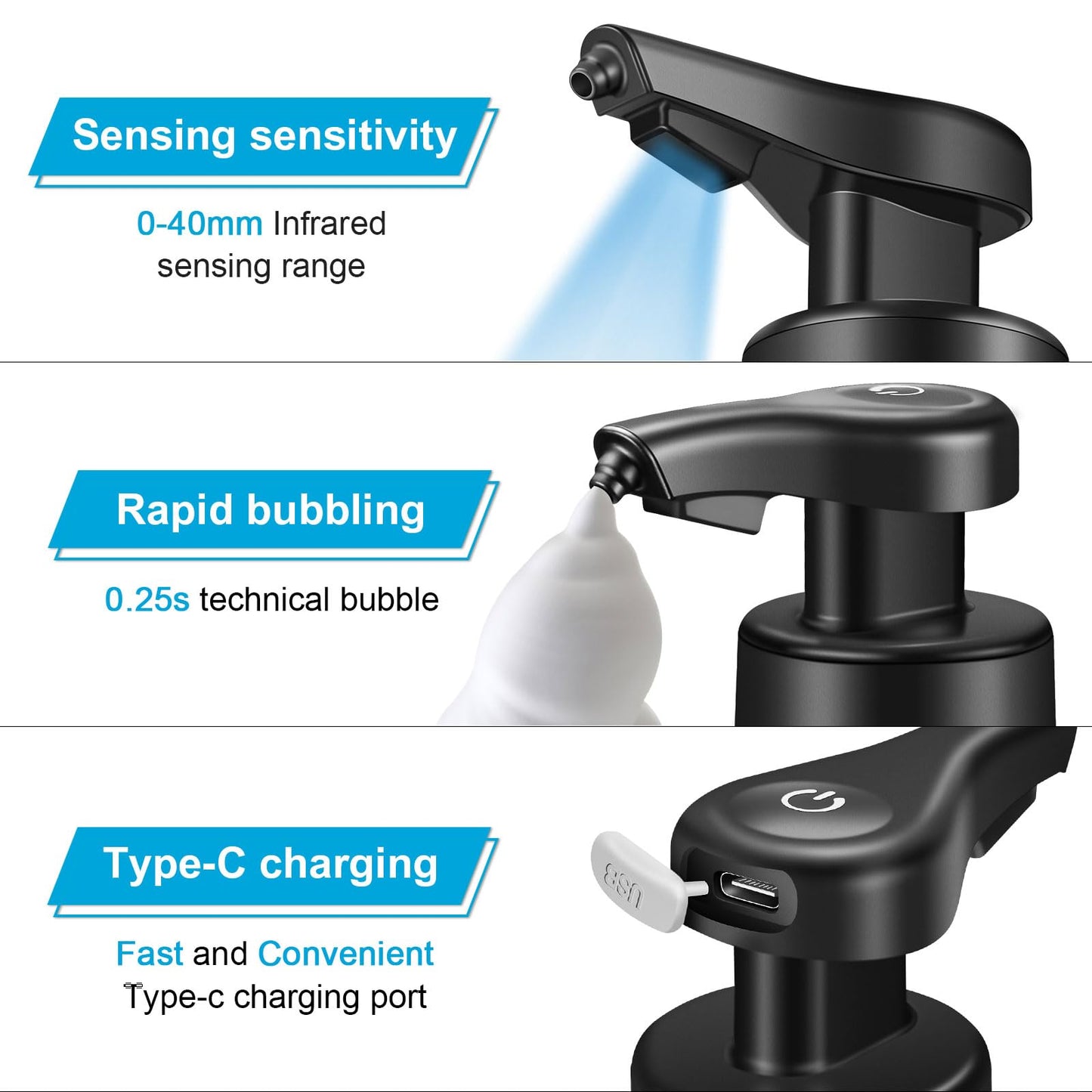 Automatic Foaming Soap Dispenser Touchless Hands-Free: Black Modern Smart Electric Sensor Clog-Free Design for Kitchen & Bathroom, Easy for Kids, Modern Acrylic