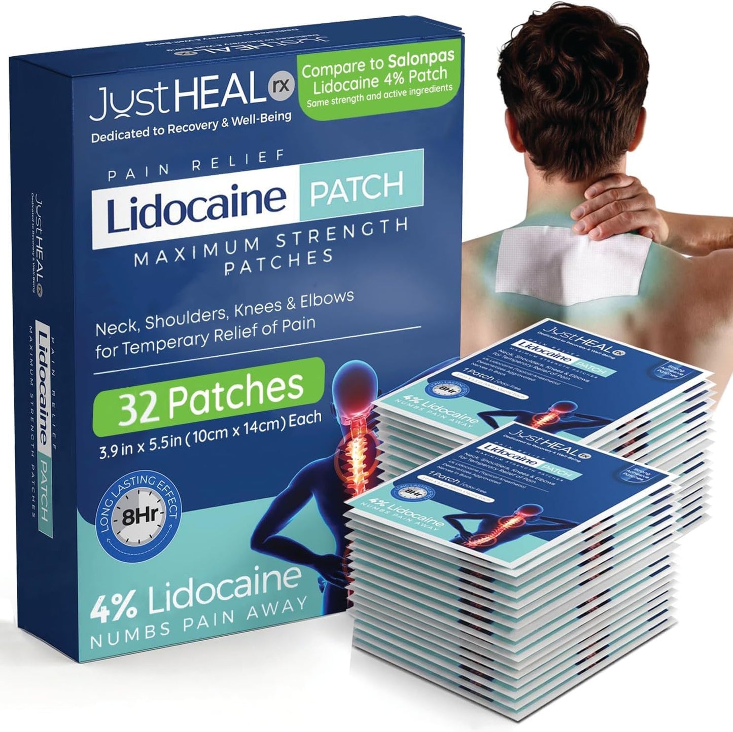 Lidocaine Pain Relief Patches - 4% Numbing Gel for Knee, Sciatica, Neck & Back Pain | 32 Pack Maximum Strength