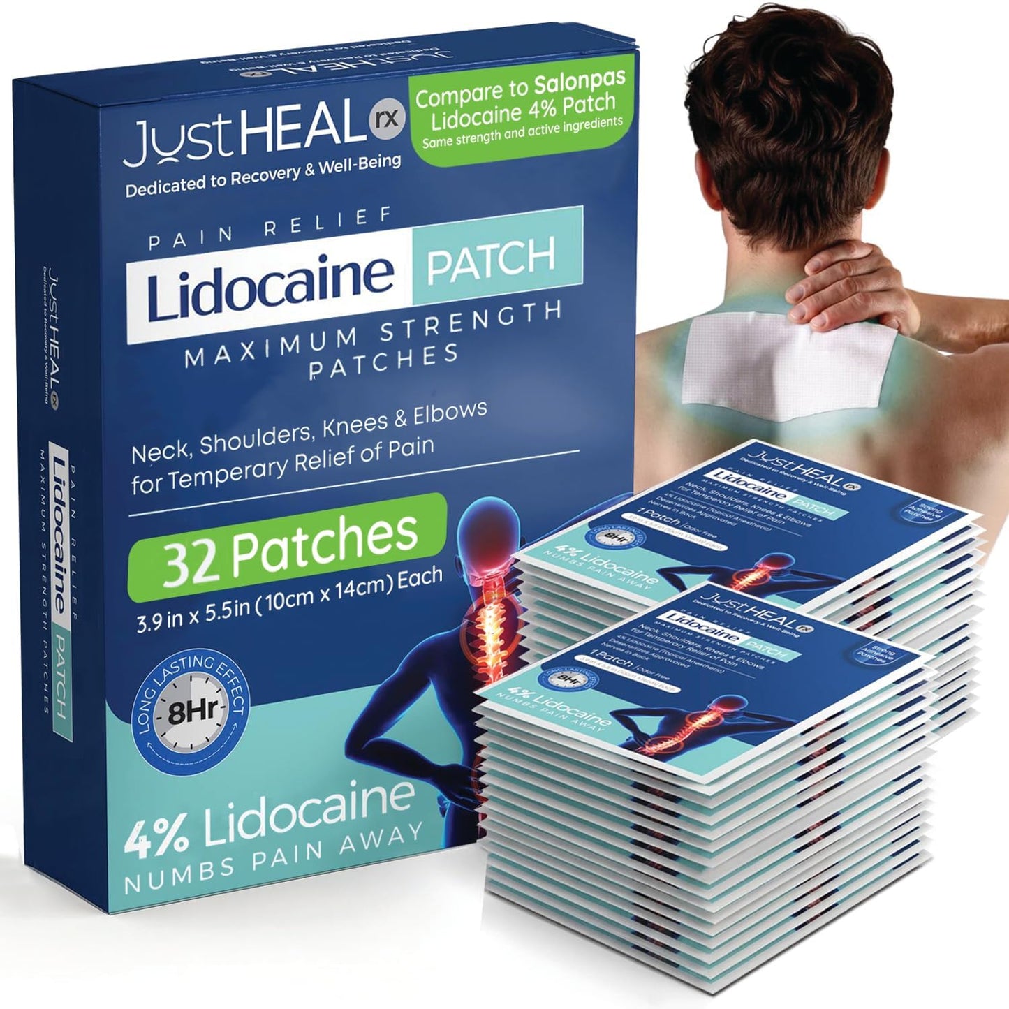 Lidocaine Patches - 4% Numbing Gel Pain Patches | 32 Pack- Maximum Strength Knee Pain Relief Patches | Nerve, Sciatica, Neck & Shoulder Joint, Muscle Soreness & Back Pain Relief- Topical Analgesic