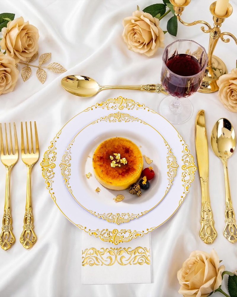 Ciaell 300PCS White and Gold Plastic Plates - Gold Disposable Dinnerware Sets for 50 Guests - 100 Plates, 50 Knives, 50 Forks, 50 Spoons, and 50 Napkins for Wedding, Anniversary, Party
