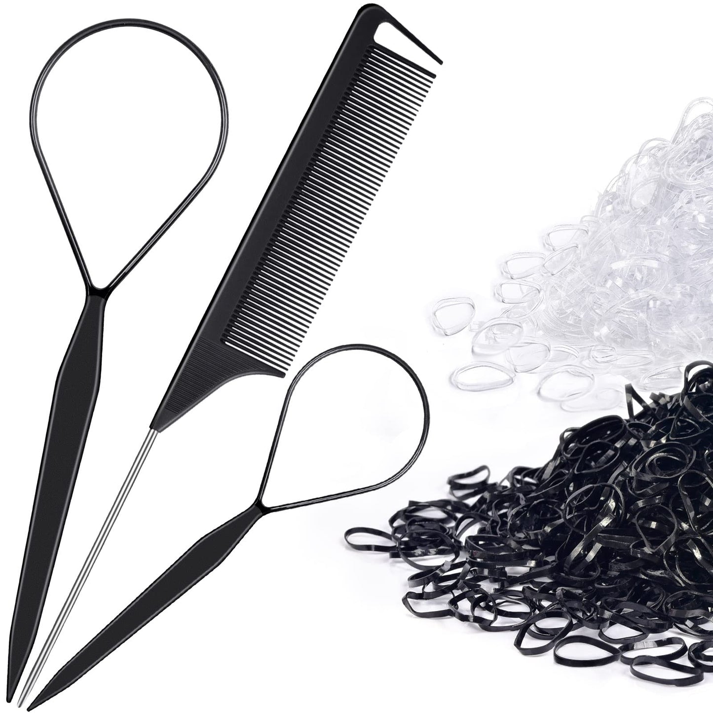 Topsy Tail Hair Tool Set by IKOCO - 400pcs Hair Bands, 2pcs Loop Styling Tools, Rat Tail Comb, (200pcs Each) Clear and Black Elastics