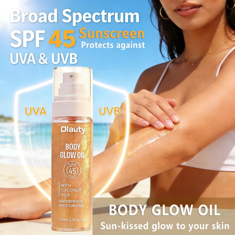 Sunscreen Body Glow Oil - Broad Spectrum SPF 45 | Lightweight Glitter Shimmer Oil for Sun-Kissed Skin (#03 Amber)