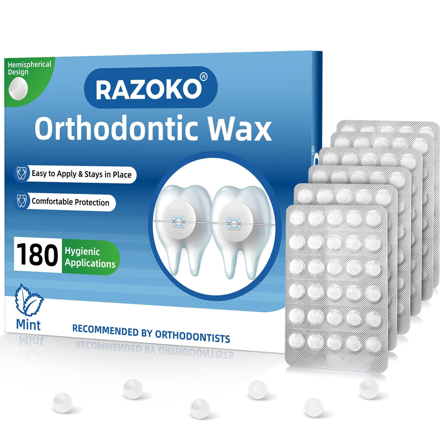 RAZOKO Orthodontic Wax for Braces - 180 Dental Wax Dots, Mint Flavor | Hygienic Individual Wraps, Strong Adhesion for Brackets & Wires
