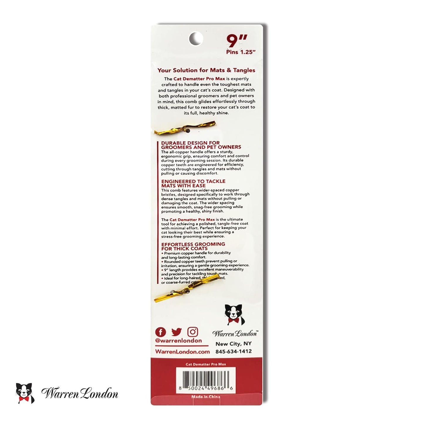 Warren London Cat Grooming Comb - 9" Copper DeMatter Pro Max | Gentle Detangler for Long, Thick Coats
