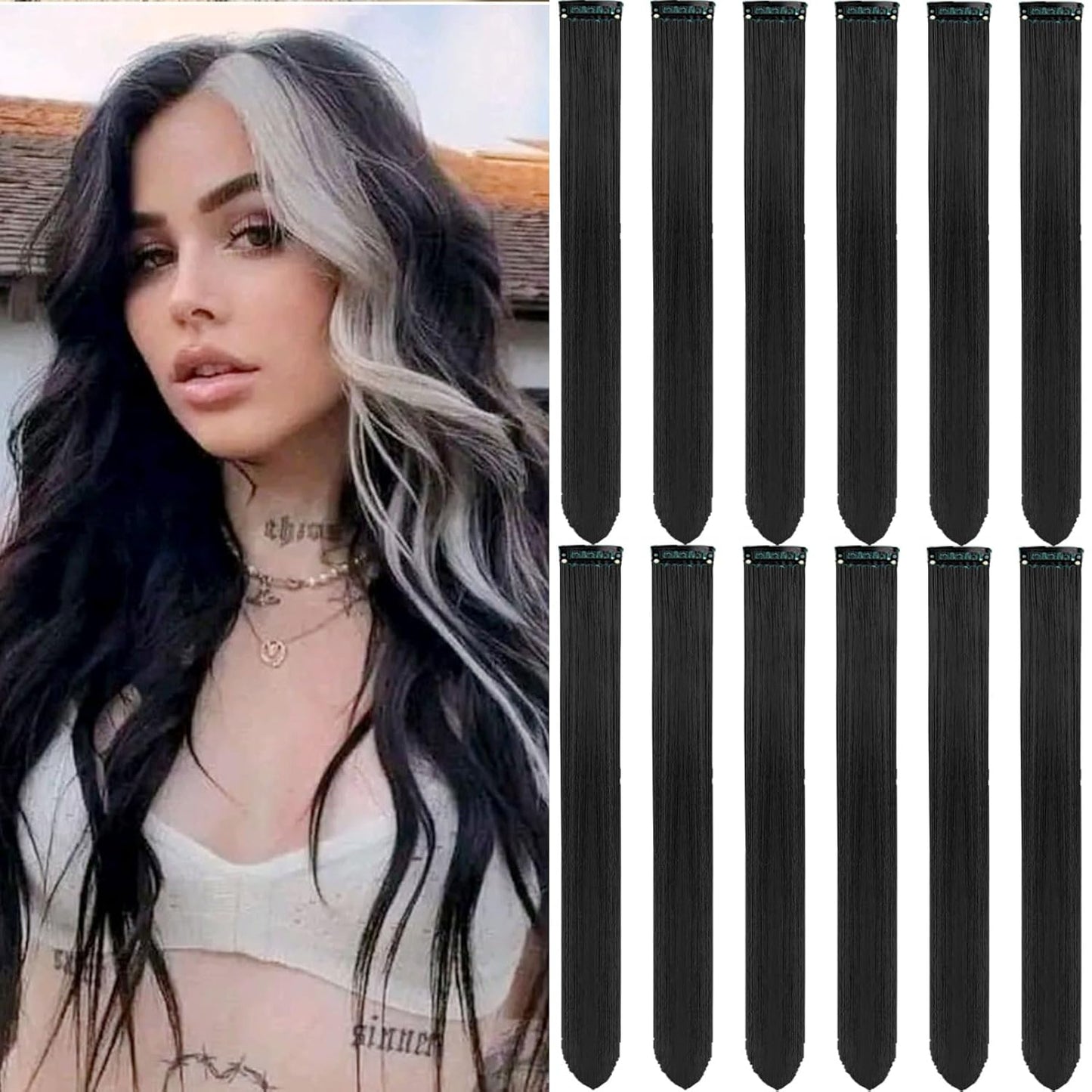 Clip-In Black Hair Extensions - 22 Inch Long Synthetic Hairpieces for Women | Party Highlights