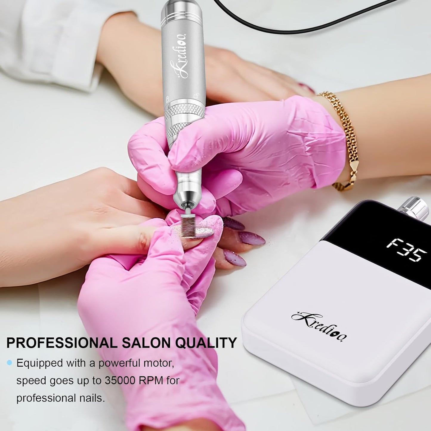 Kredioo Portable Nail Drill - 35000 RPM Rechargeable Electric Nail File Kit for Professional Manicure | White