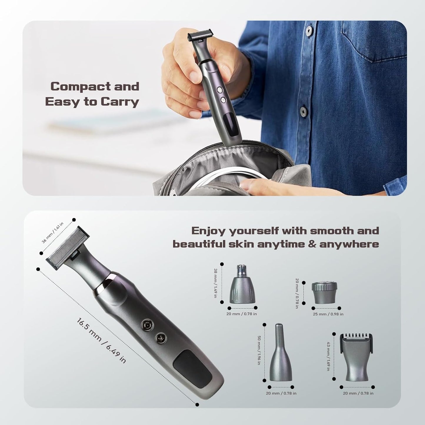 Men's Back Shaver - Rechargeable LED Display Trimmer | IPX7 Waterproof, Safety Lock, Ink Black