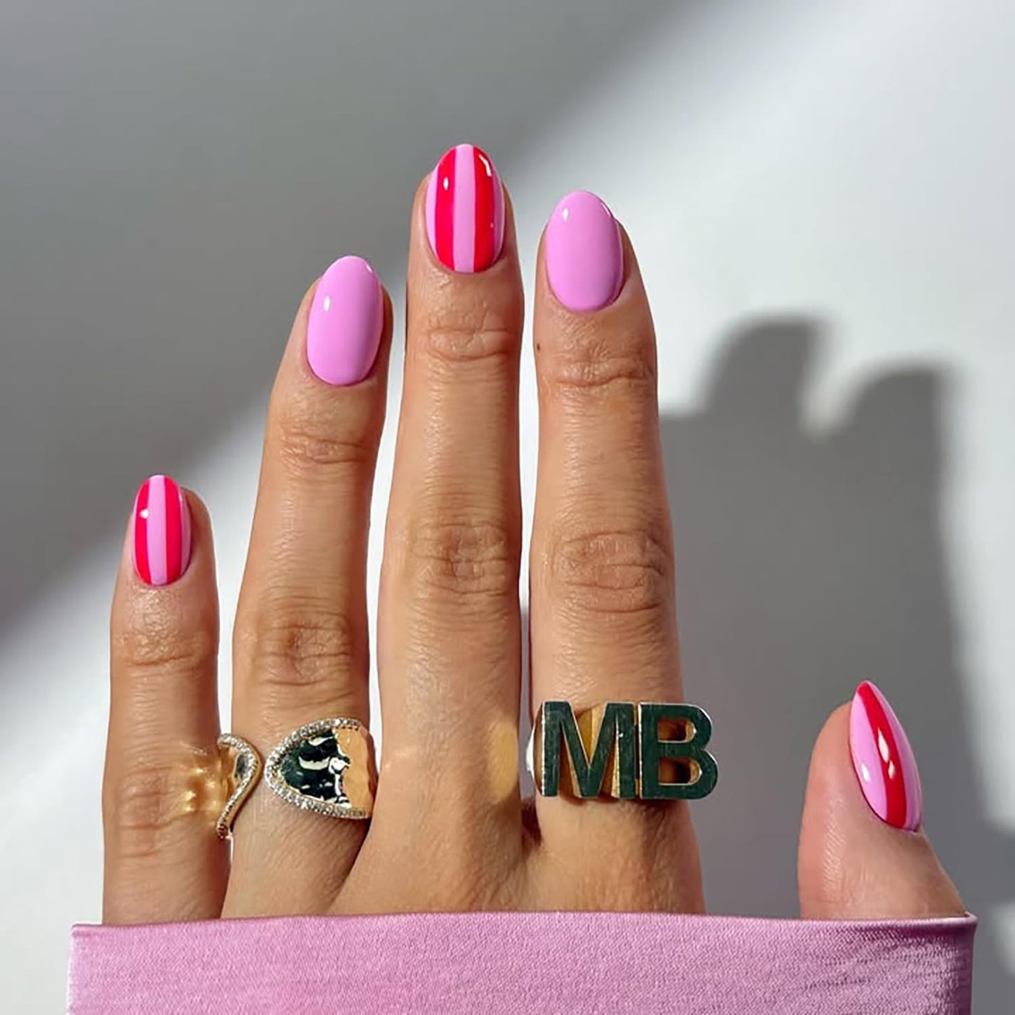 Short Press-On Almond Fake Nails - Rose Pink Acrylic with Glossy Stripe Designs | Reusable Full Cover Nails for Women