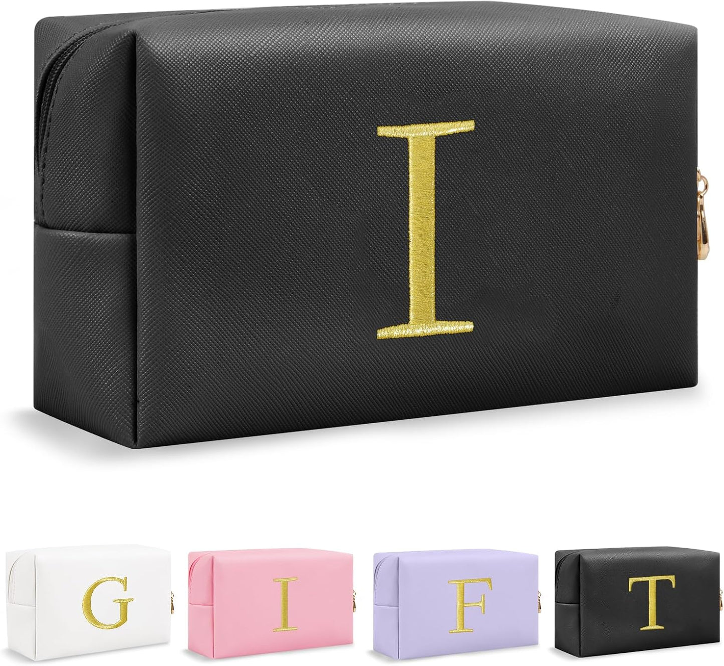 Personalized Initial Makeup Bag - Gold Embroidered Cosmetic Bag for Teens | Custom Travel Toiletry Bag (Black)