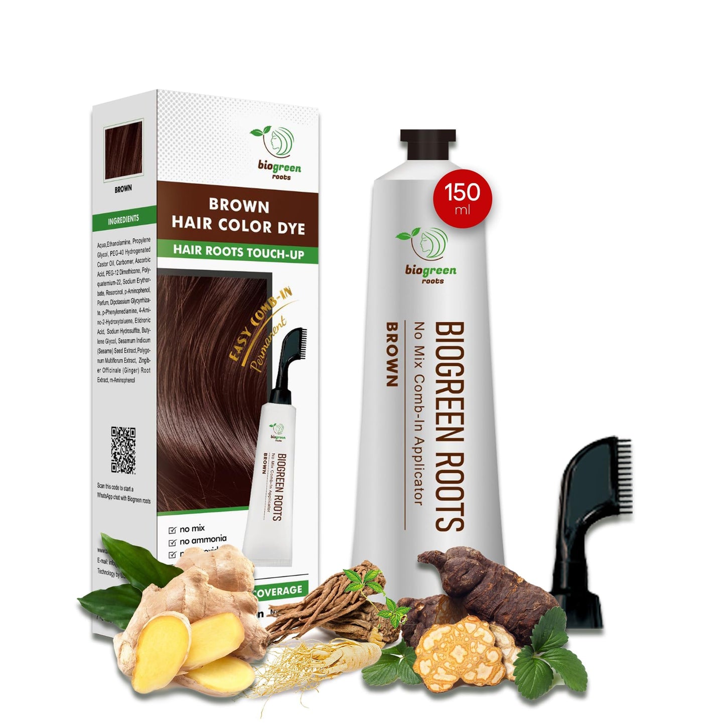 Biogreen Roots Ammonia-Free & Paraben Free Herbal Hair Dye for Women & Men– Gray Coverage with Natural Extracts – Nourishing Brown Hair Dye for Healthy Hair – Brown (150 ml)
