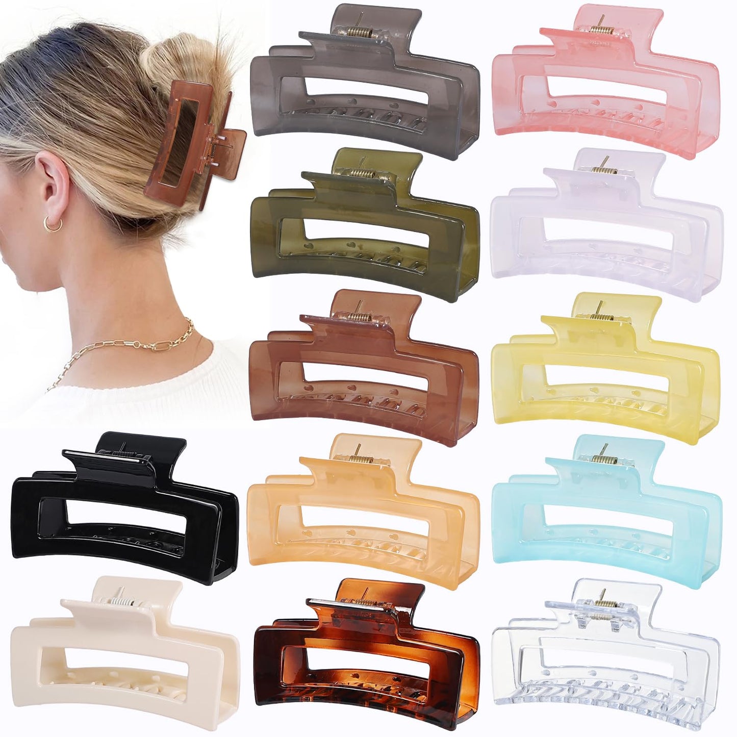 3.5 Inch Medium Hair Accessories - 12 Pcs Square Jaw Clips for Thick & Thin Hair | Rectangular Basic Color Clips for Women & Girls