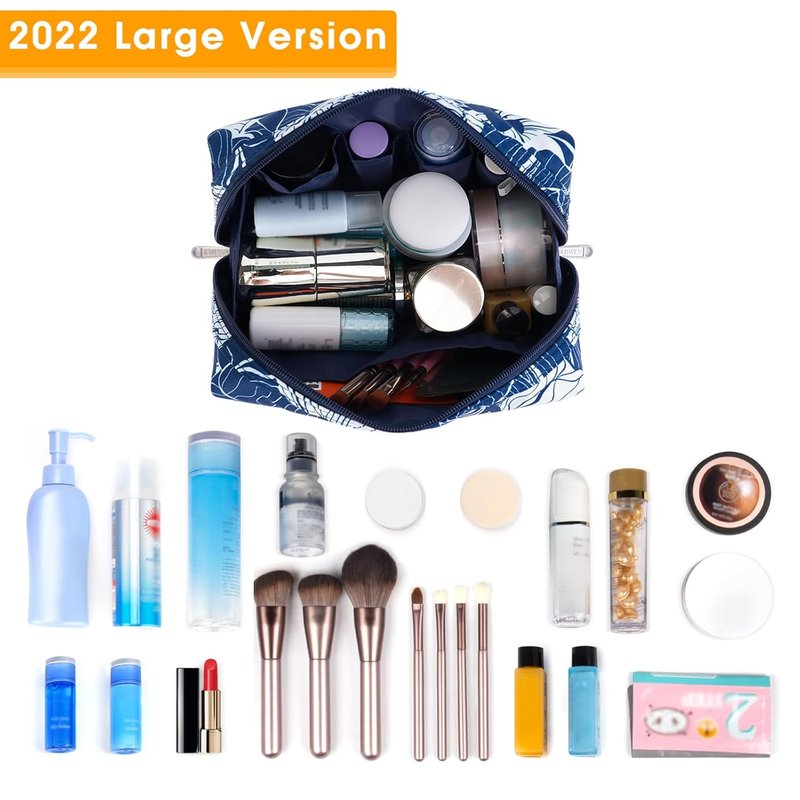 Cute Makeup Bag Organizer - Travel Cosmetic Bag with Compartments for Women | Large Blue Lotus Design
