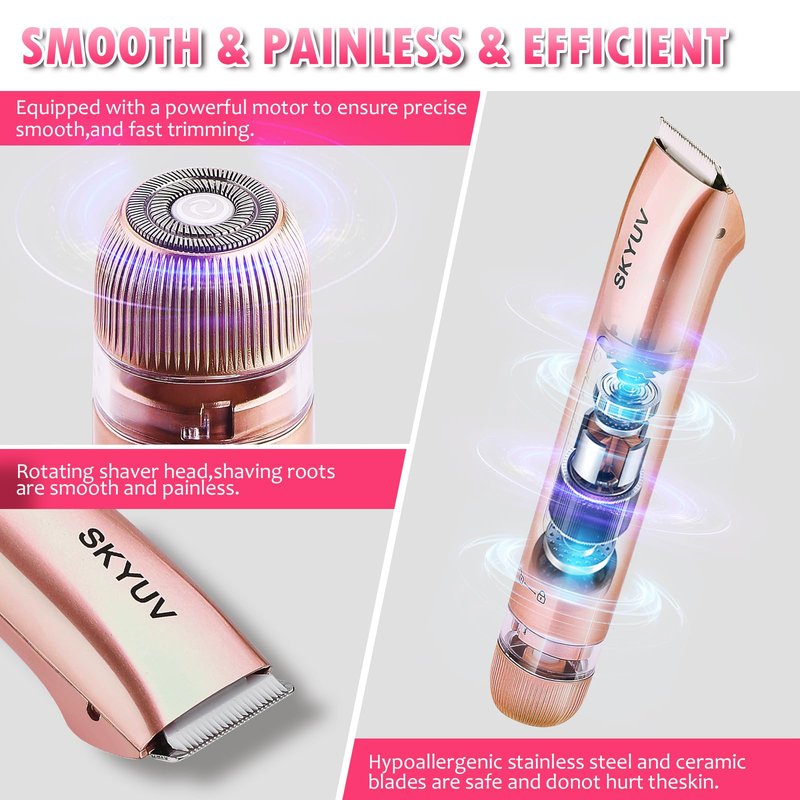 Bikini Trimmer for Women, SKYUV 2 in 1 Electric Razors Bikini Shaver, IPX7 Waterproof & Easy Cleaning, Ceramic Blade, USB Recharge, Cordless Body Hair Trimmer, Facial & Pubic Hair Removal