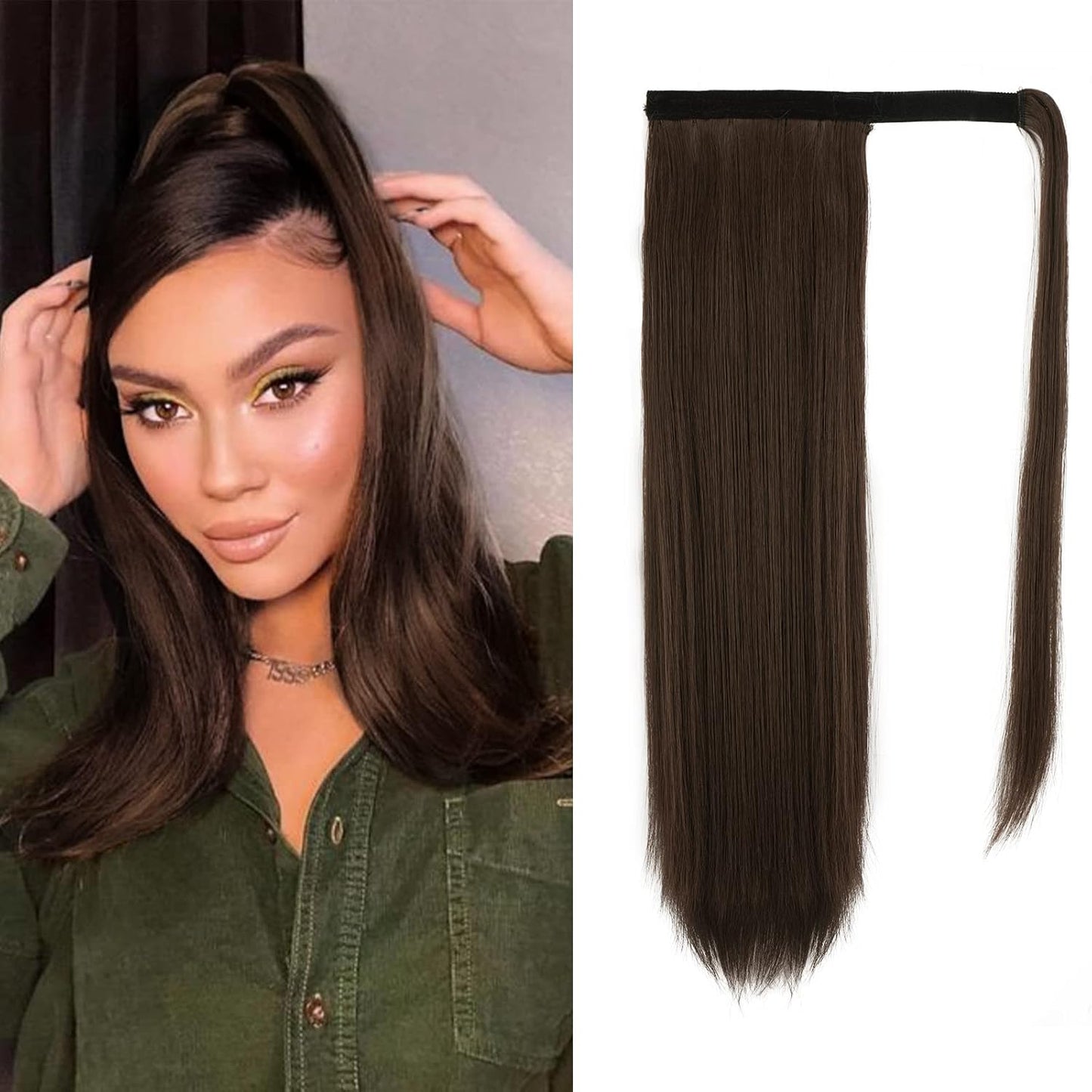 Dark Brown Straight Ponytail Extension - 28 Inch Clip-In Hairpiece for Women | Synthetic Wrap Around Style