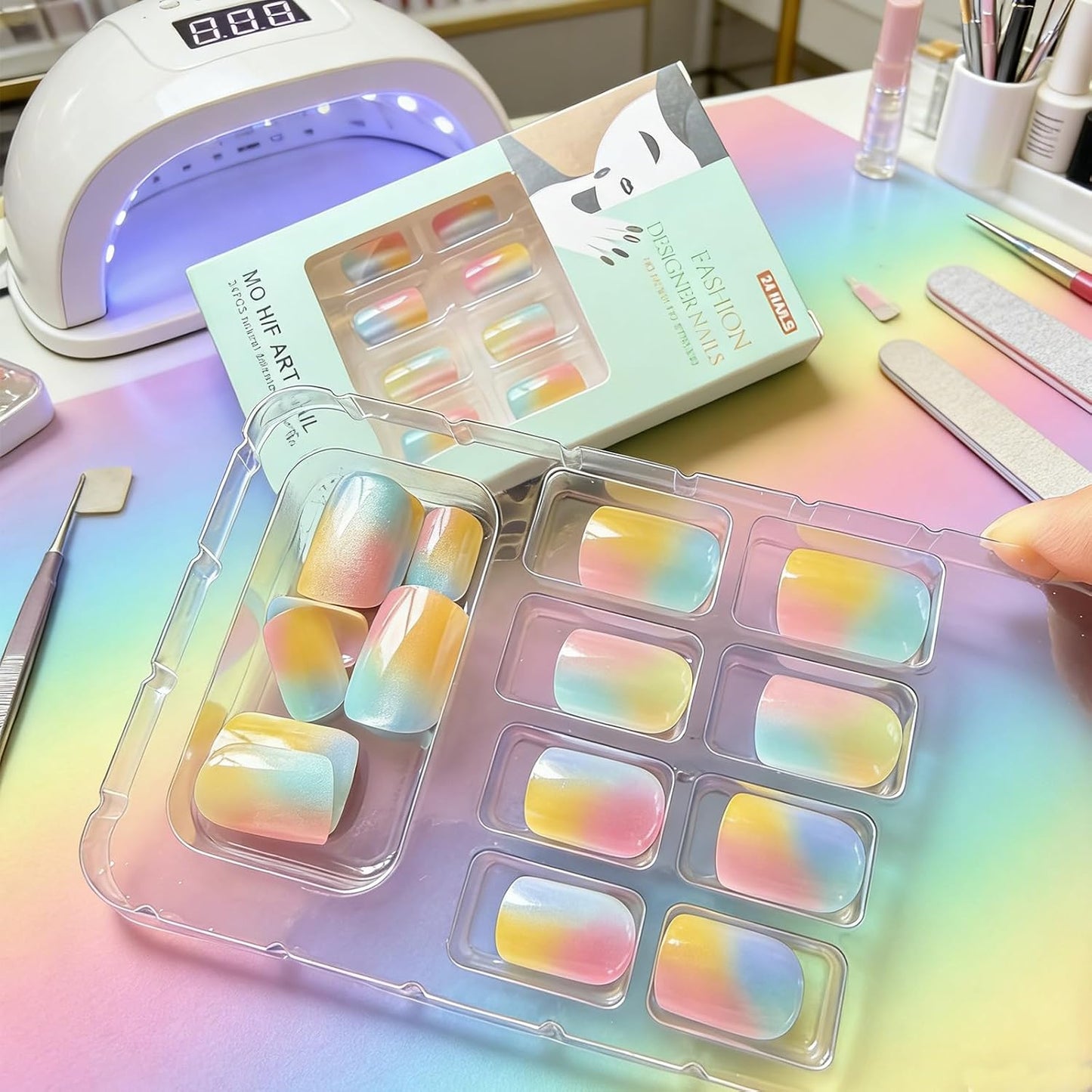 Gradient Colorful Press-On Nails - Short Square Glitter Fake Nails | Reusable Candy Color Designs, 24 Pcs