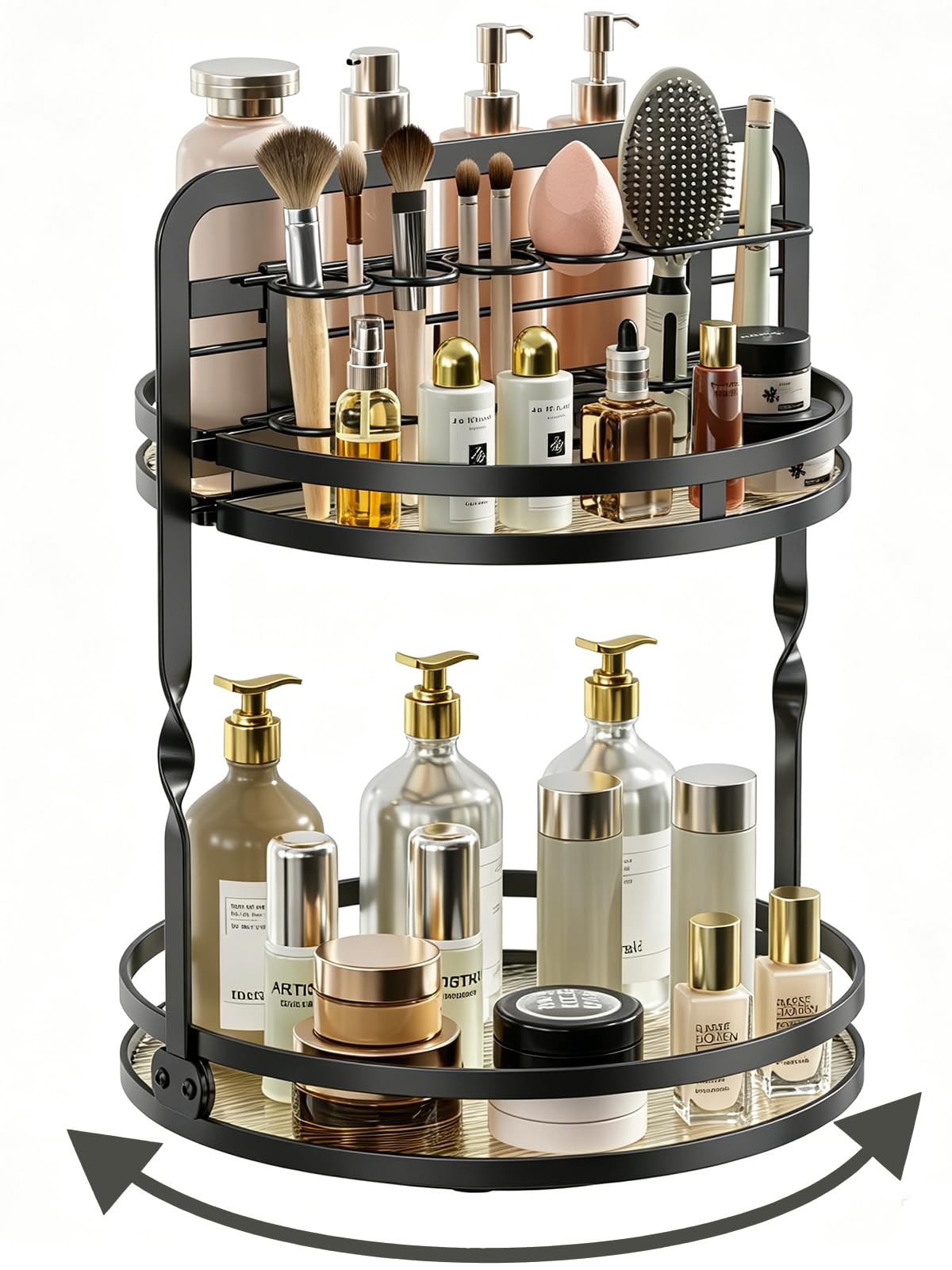 DUANFEE Rotating Makeup Vanity Organizer, 360 Spinning Perfume Organizer for Dresser, 2-Tier Black Bathroom Countertop Organizer, Lazy Susan Skincare Storage, Cosmetic Display with Makeup Brush Holder