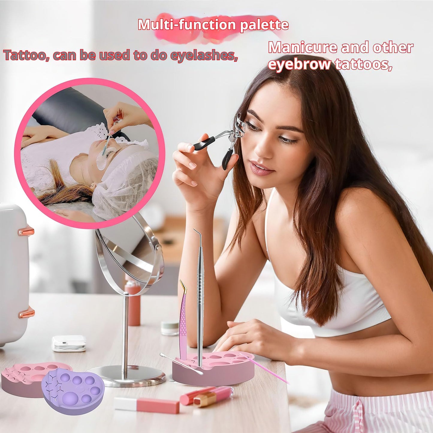 Silicone Nail Art Palette Multi-Function Polish Gel Mixing Tray Silicone Nail Stamping Plates Foundation Eyelash Painting Gels Palette for Cosmetics Brow Makeup Tool(Pink)