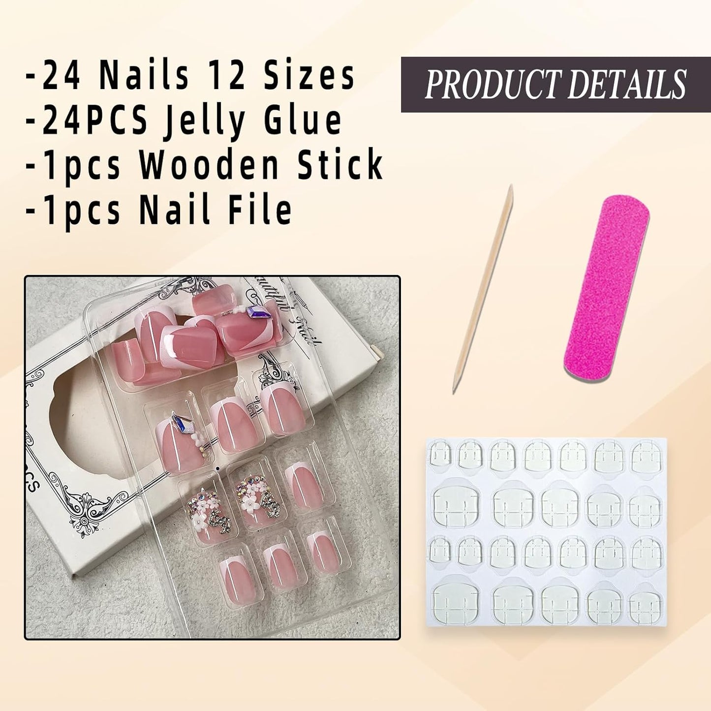 French Tip Press-On Nails - Short Square Design with 3D Flower Charms & Silver Rhinestones | Glossy Nude Pink, 24 Pcs
