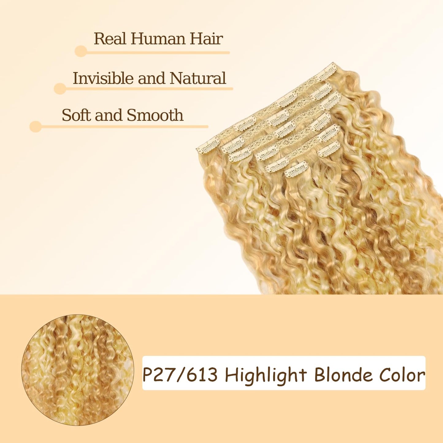 P27613 Blonde Clip in Hair Extensions Real Human Hair, 18 Inch 120g/7Pcs,Full Shine Remy Human Hair,Highlight Blonde Deep Wave Clip ins Brazilian Virgin Human Hair Extensions